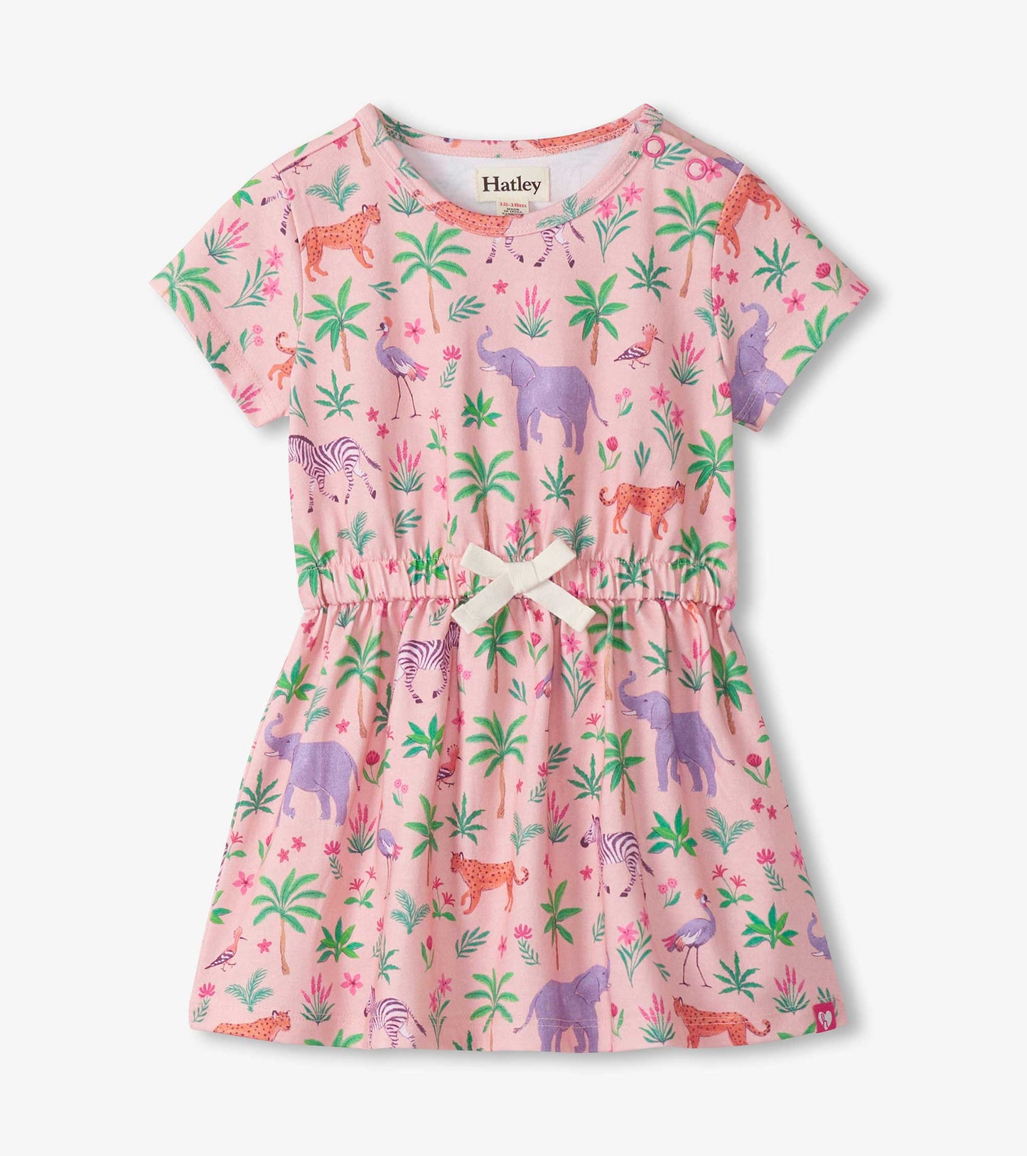 Pink short-sleeve toddler dress with safari animal and palm tree print, gathered waist, front view