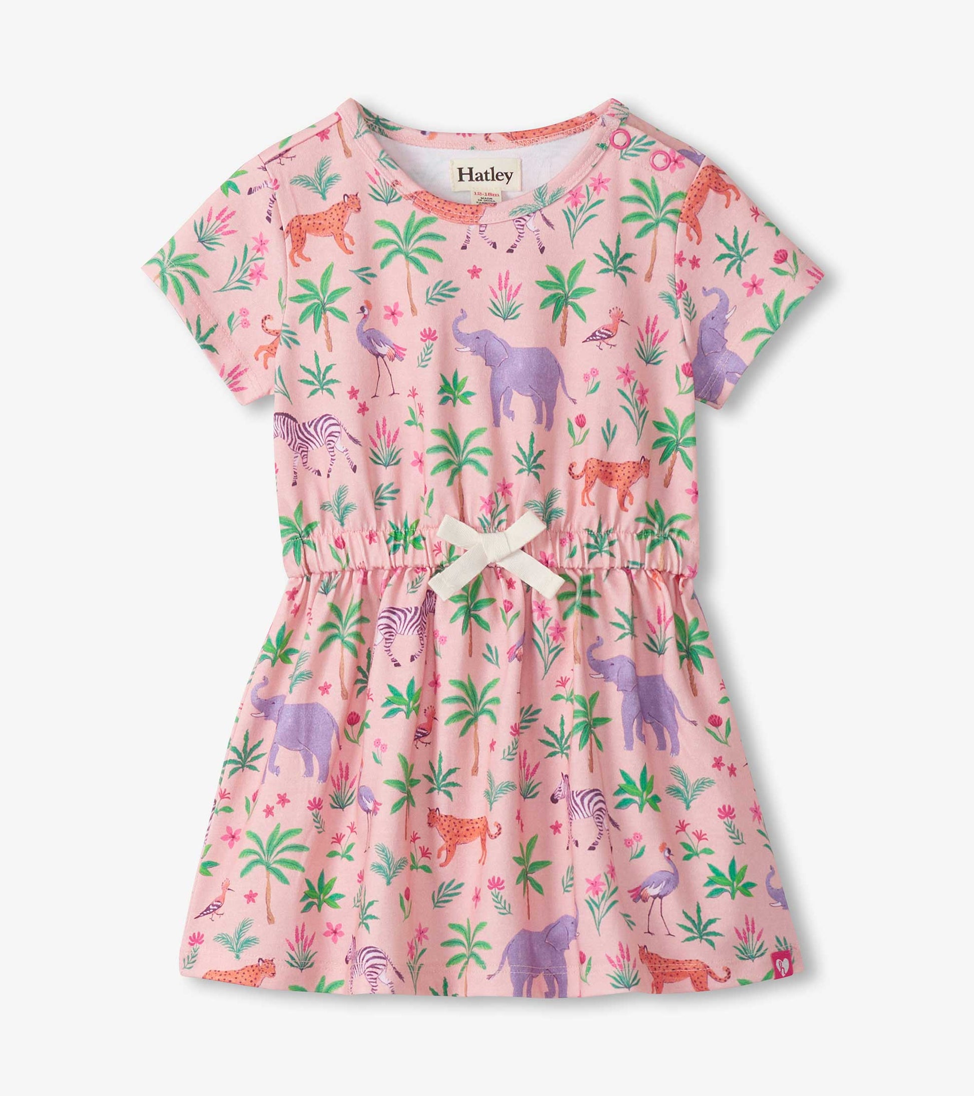 Pink short-sleeve toddler dress with safari animal and palm tree print, gathered waist, front view