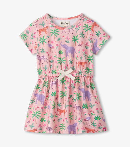 Pink short-sleeve toddler dress with safari animal and palm tree print, gathered waist, front view