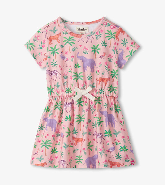 Pink short-sleeve toddler dress with safari animal and palm tree print, gathered waist, front view