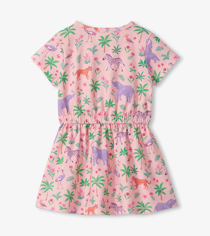 Pink short-sleeve dress with safari animal and palm tree print, elastic waist, front view