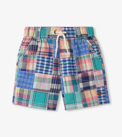 Colorful patchwork plaid boys shorts with elastic waist and white drawstring, front view