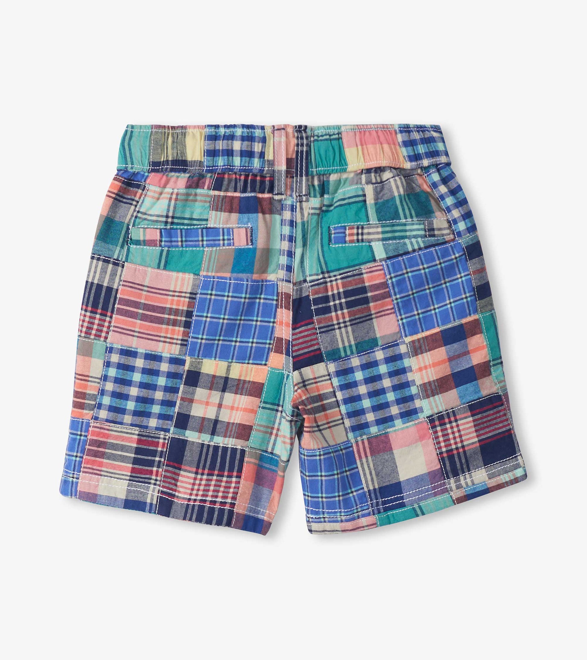 Colorful plaid boys shorts with elastic waistband and front pockets, front view