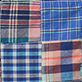 View Boys Vintage Summer Madras Woven Shorts - Patchwork plaid fabric squares in blue, red, and beige