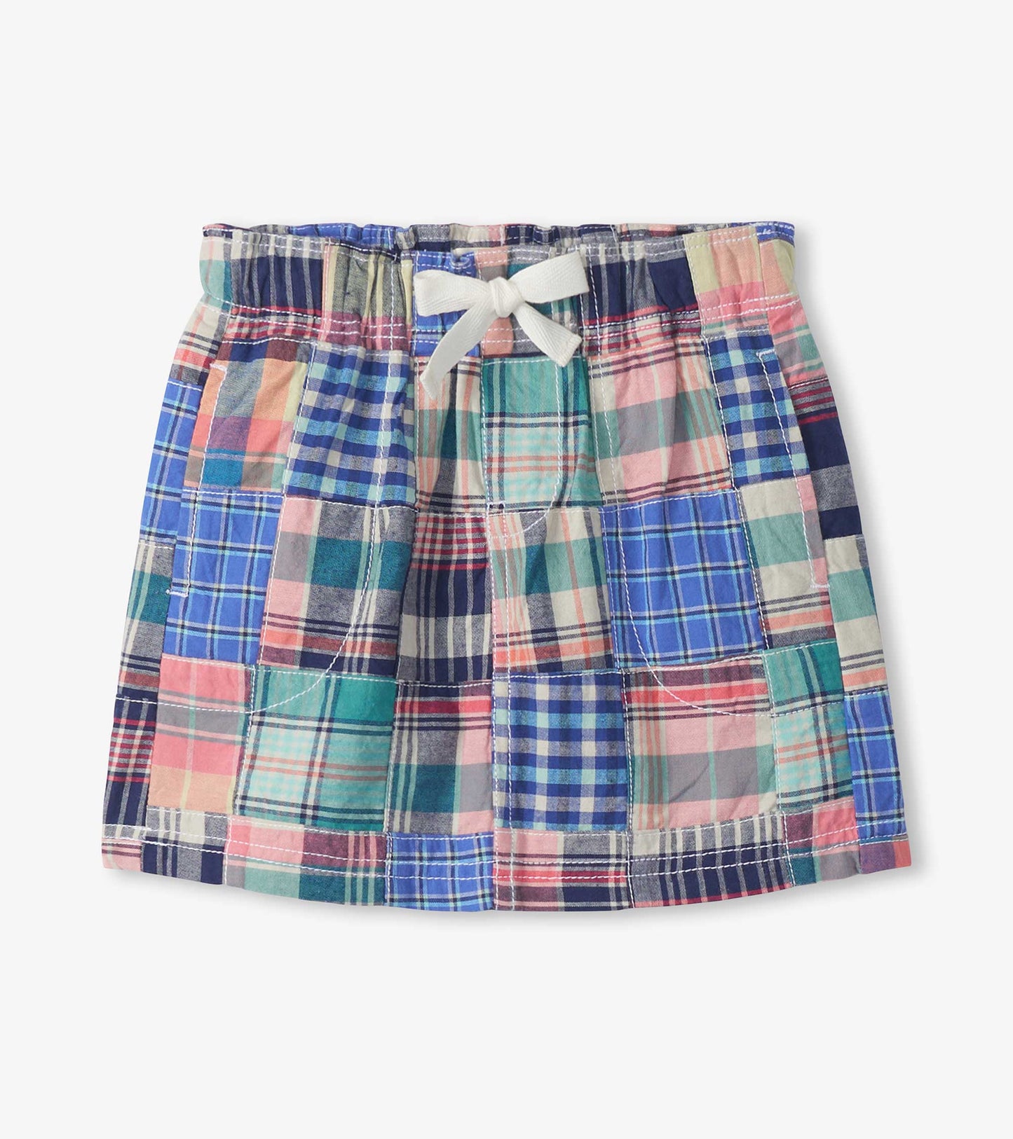 Girls multicolor plaid woven skirt with elastic waist and white bow, front view