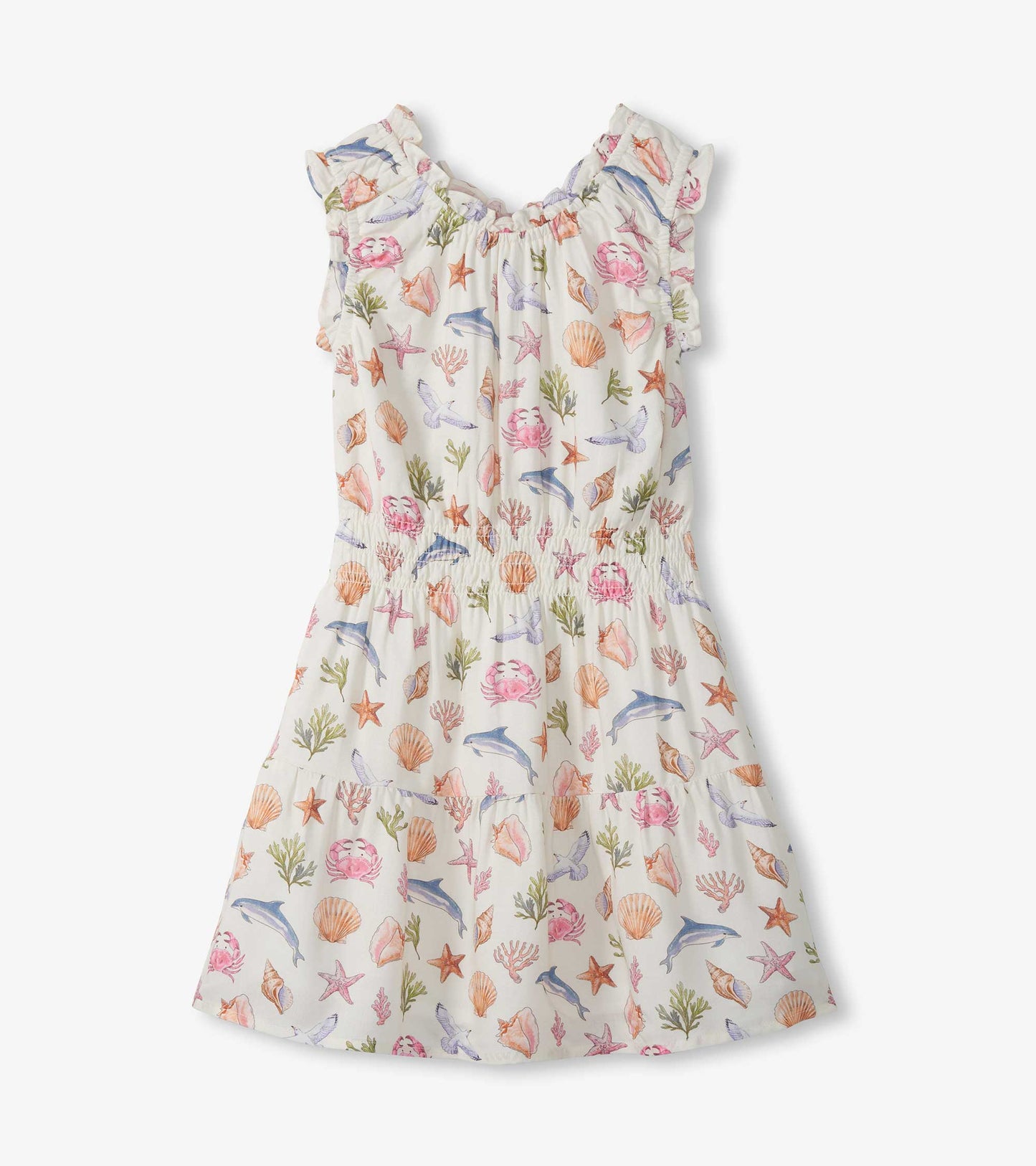 Girls cream gathered dress with ruffled sleeves and colorful sea life print, front view