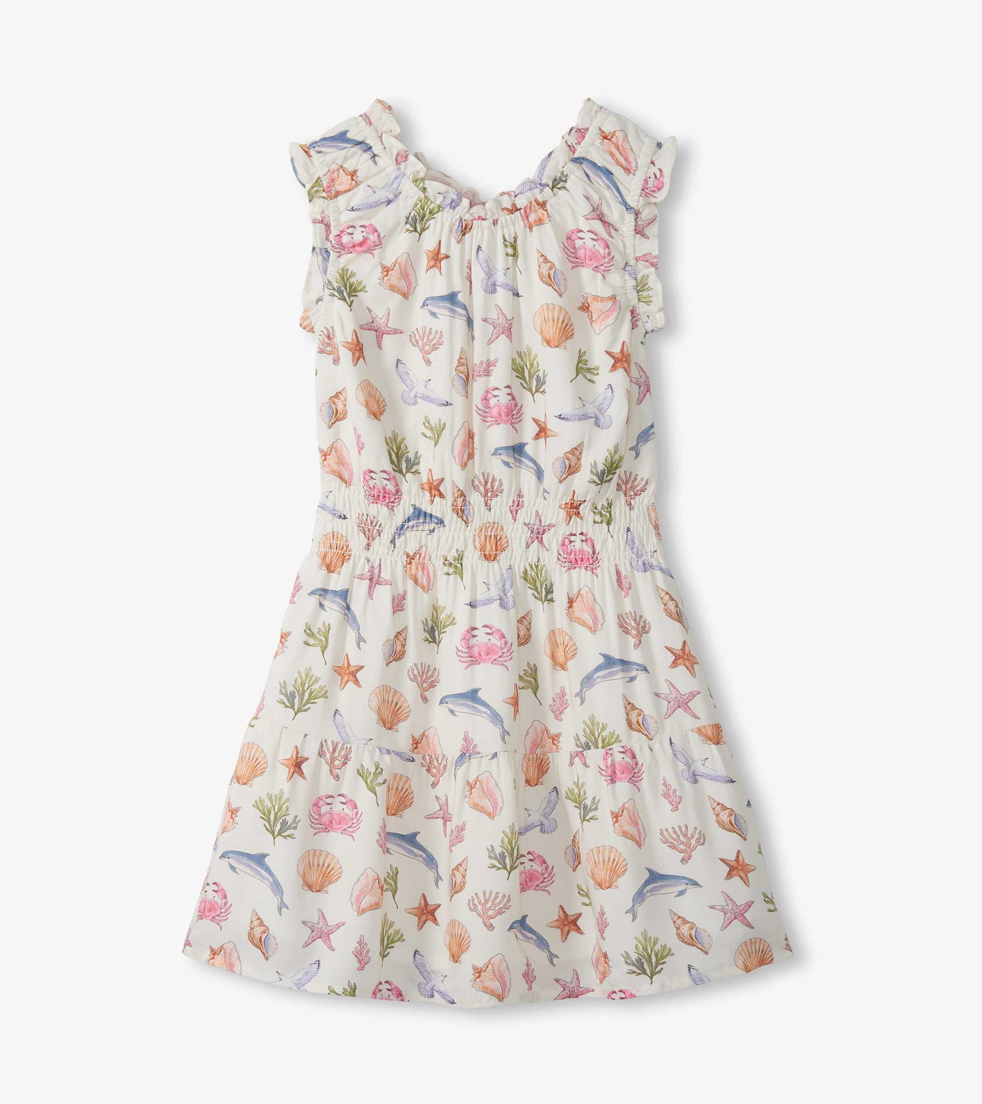 Girls cream gathered dress with ruffled sleeves and colorful sea life print, front view