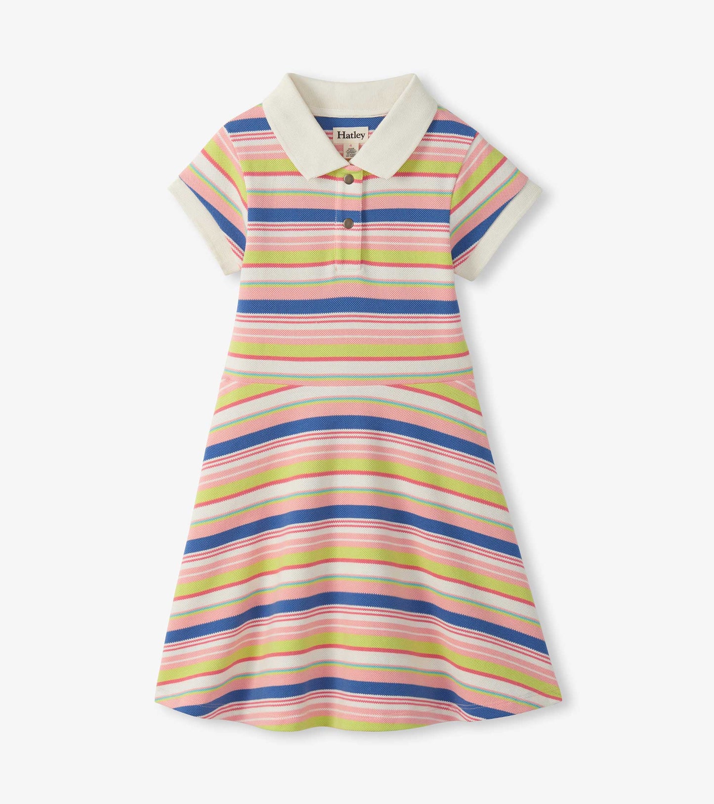 Girls striped polo dress with white collar and short sleeves, in pink, blue, lime, and cream.