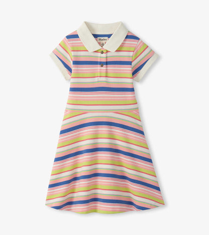 Girls striped polo dress with white collar and short sleeves, in pink, blue, lime, and cream.