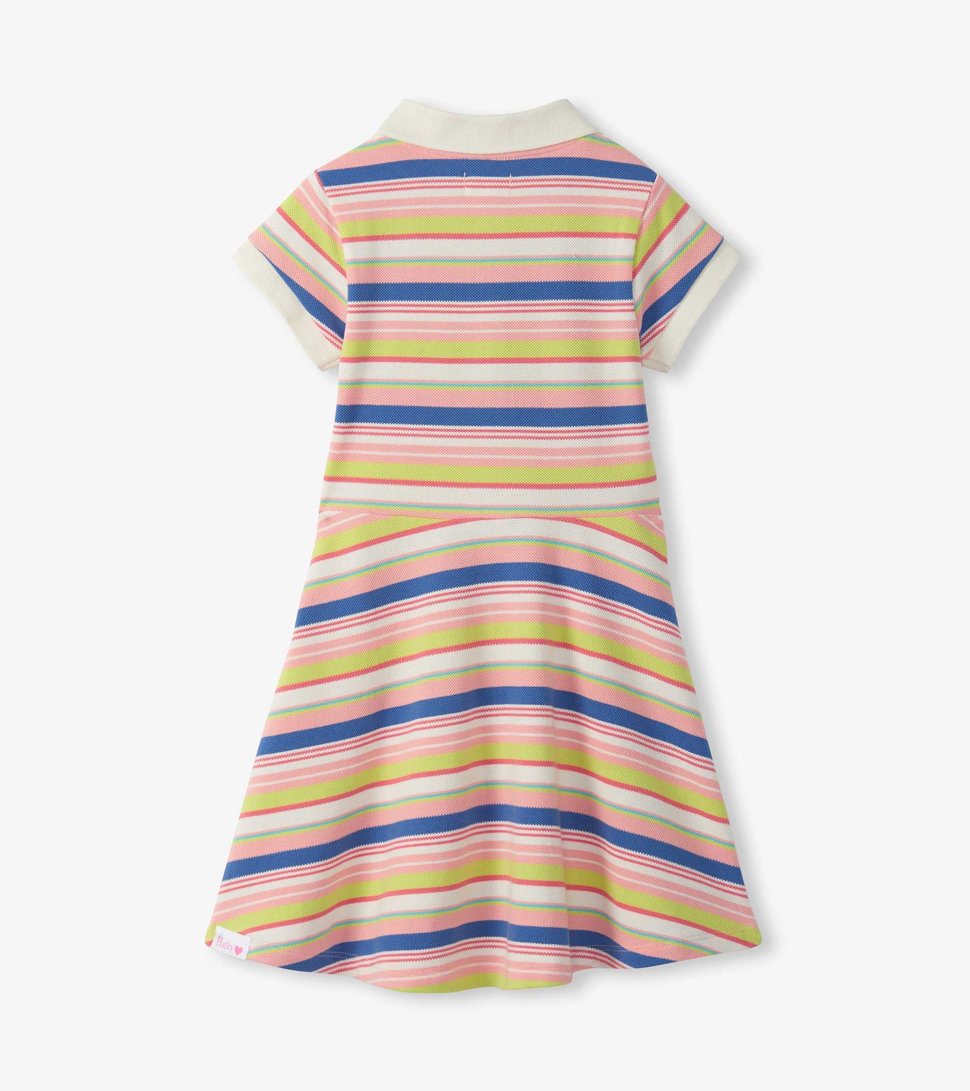 Girls striped pique polo dress with short sleeves, white collar, and multicolor horizontal stripes, back view