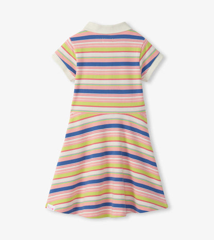 Girls striped pique polo dress with short sleeves, white collar, and multicolor horizontal stripes, back view