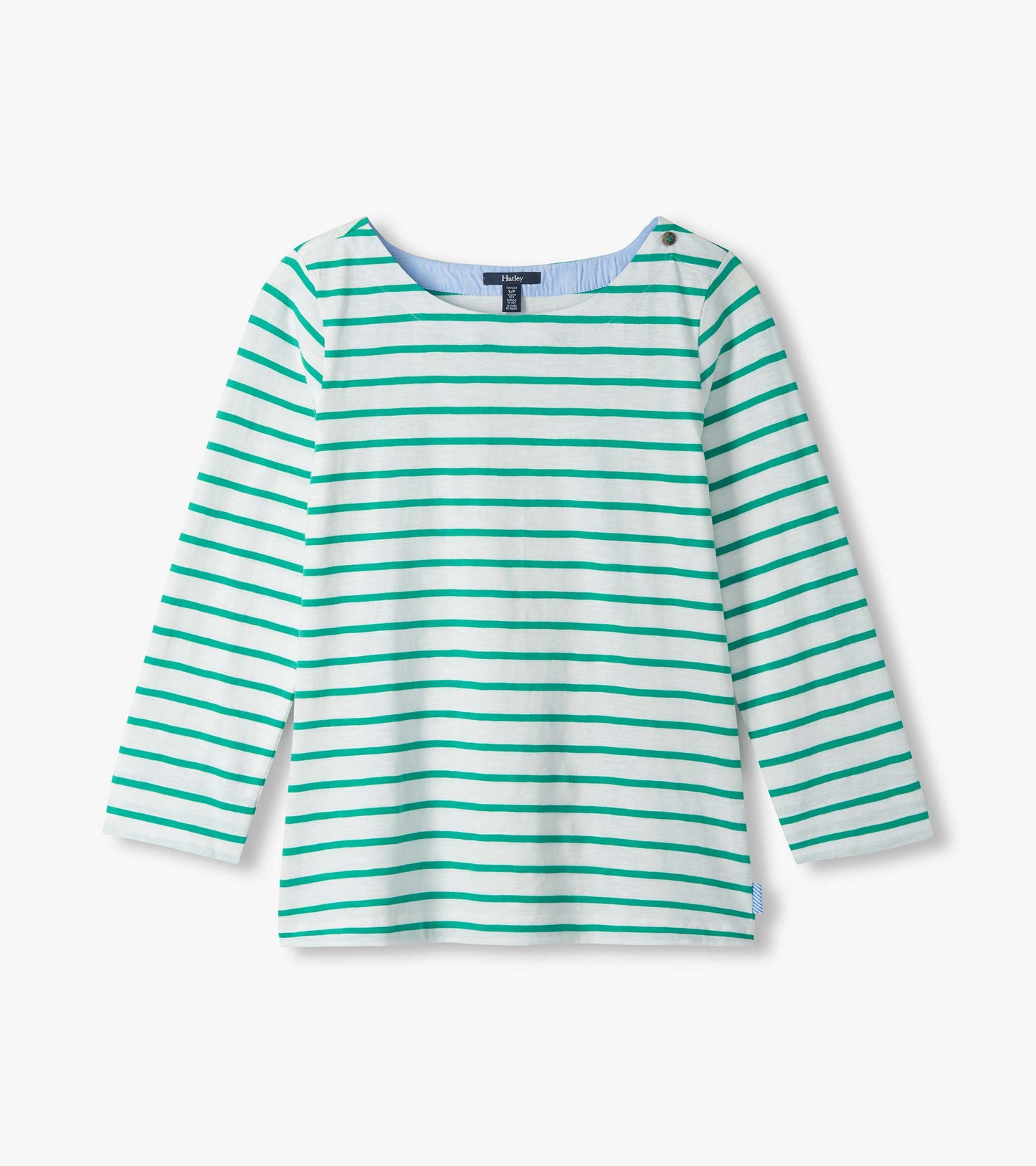 White long-sleeve top with teal horizontal stripes, boat neckline, and button detail at one shoulder, front view