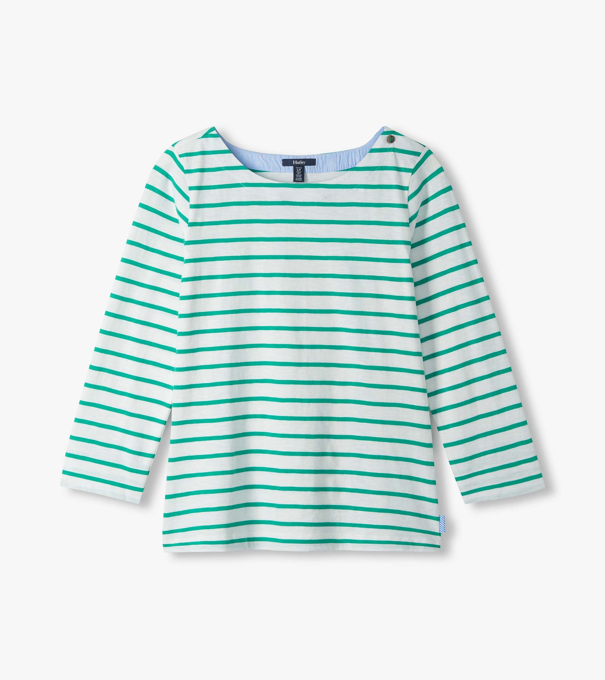 White long-sleeve top with teal horizontal stripes, boat neckline, and button detail at one shoulder, front view