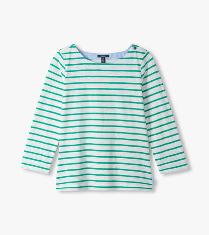 White long-sleeve top with teal horizontal stripes, boat neckline, and button detail at one shoulder, front view
