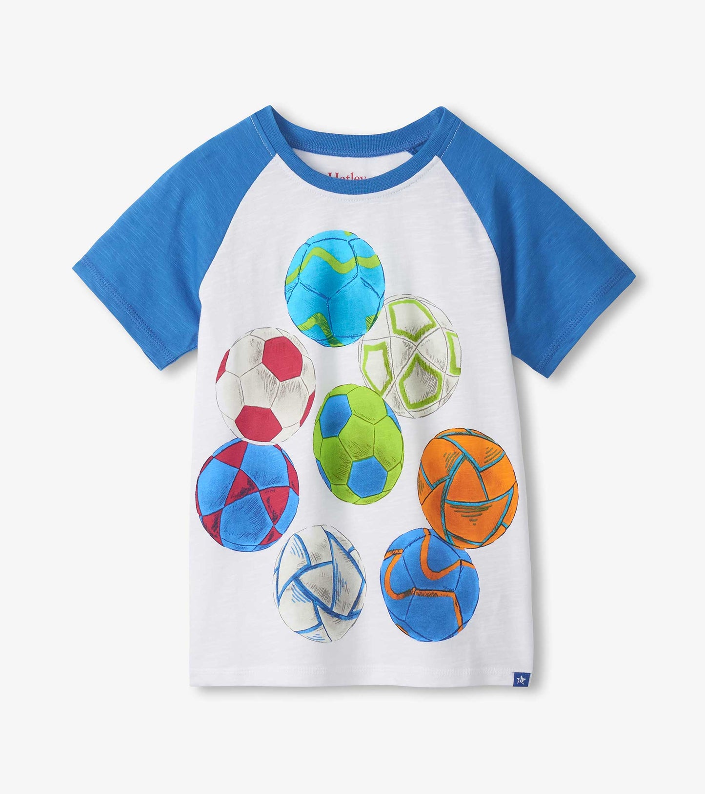 White raglan T-shirt with blue sleeves and colorful soccer ball print, front view