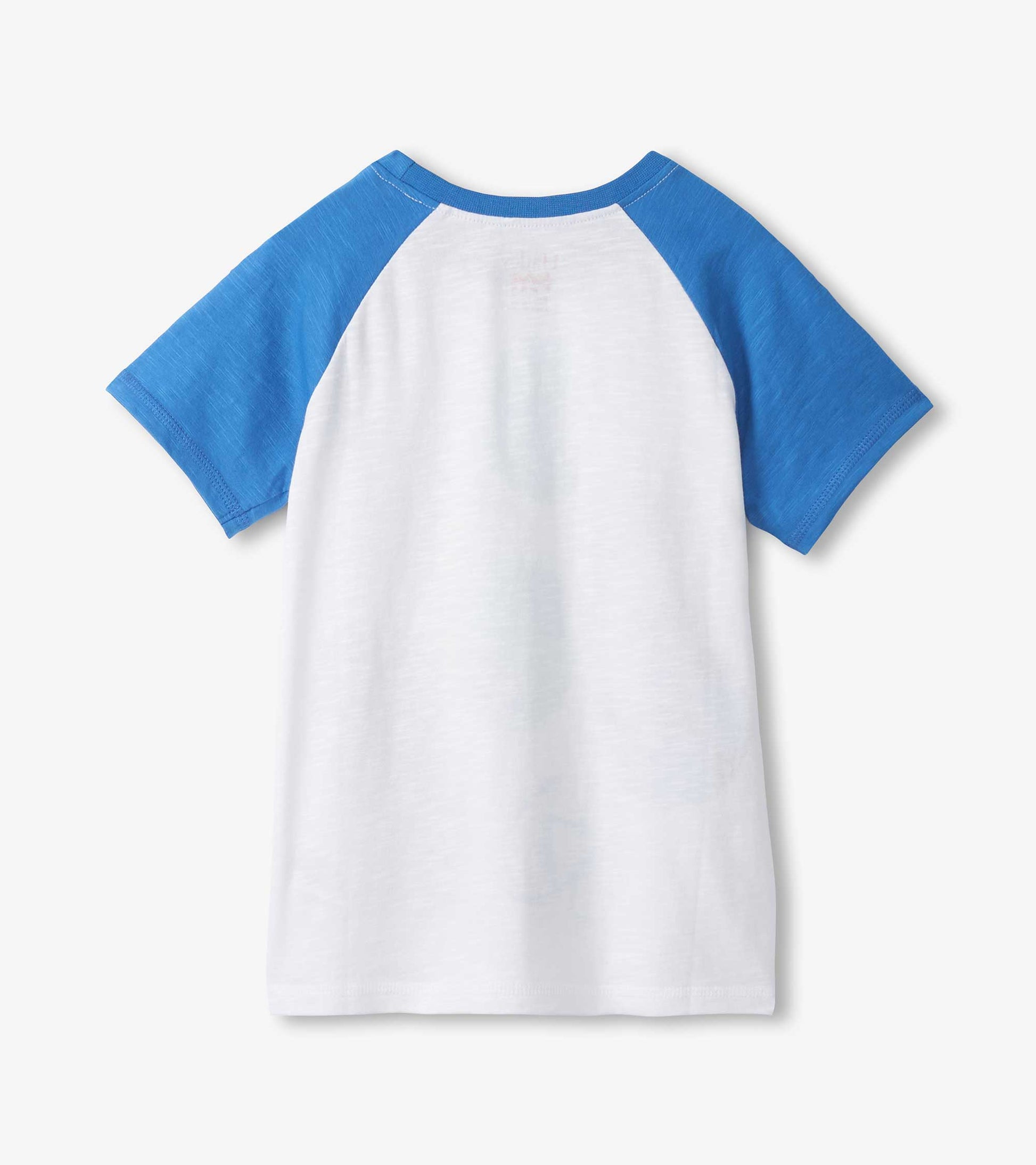 White and blue raglan short-sleeve boys T-shirt, back view, with soccer ball print on sleeves