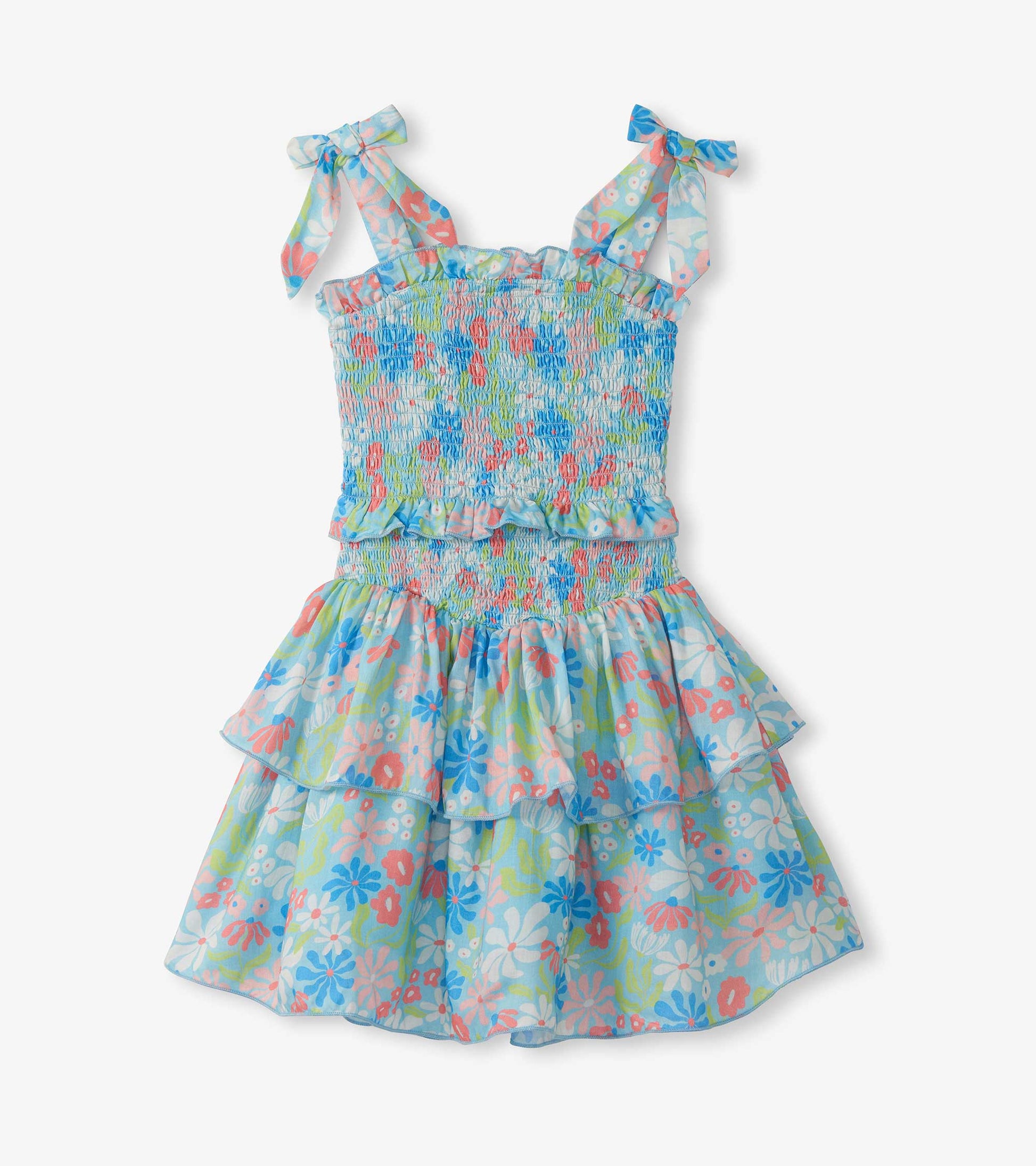 Girls blue floral smocked dress with bow shoulder straps and tiered ruffle skirt