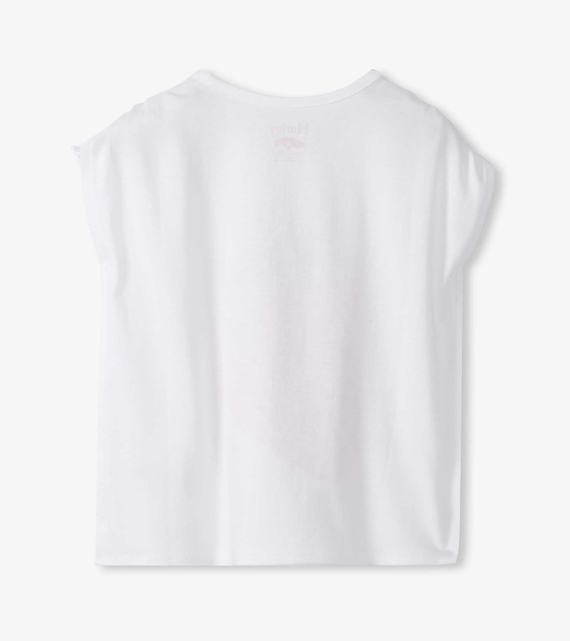 White sleeveless girls top with cinched shoulders, back view