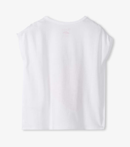White sleeveless girls top with cinched shoulders, back view