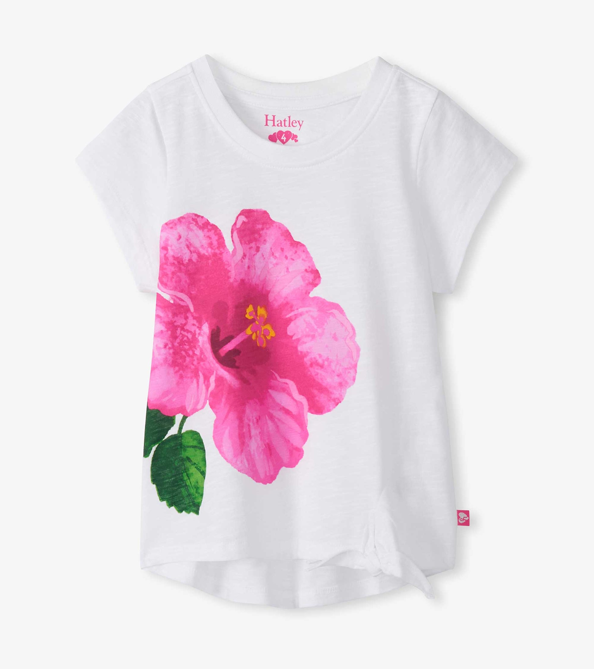 White girls T-shirt with large pink hibiscus flower graphic, short sleeves, front view
