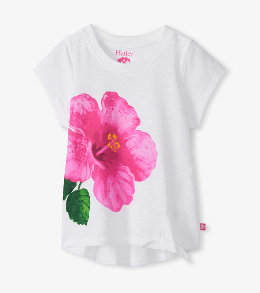 White girls T-shirt with large pink hibiscus flower graphic, short sleeves, front view