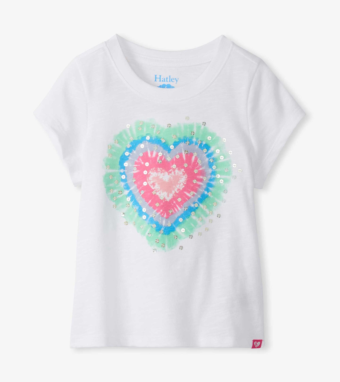White girls short-sleeve tee with multicolor tie-dye heart graphic and sequins, front view