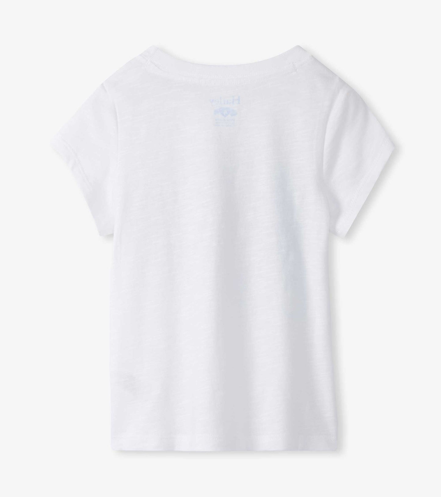 White short-sleeve girls T-shirt with small light blue heart graphic on the back, front view