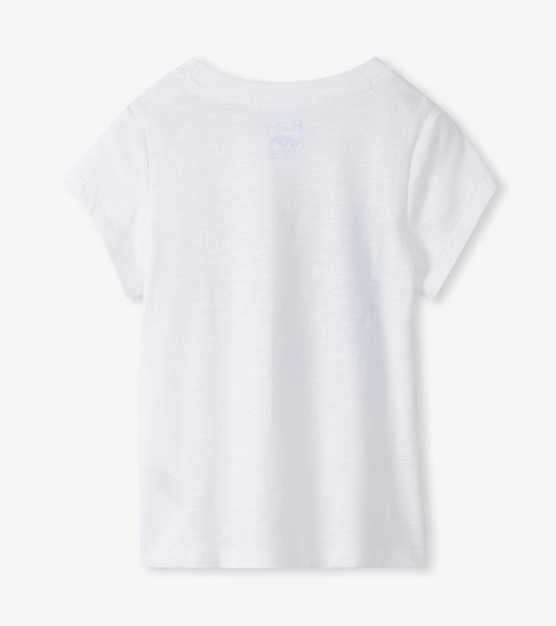 White short-sleeve girls T-shirt with small light blue heart graphic on the back, front view