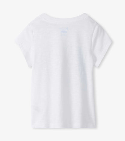 White short-sleeve girls T-shirt with small light blue heart graphic on the back, front view