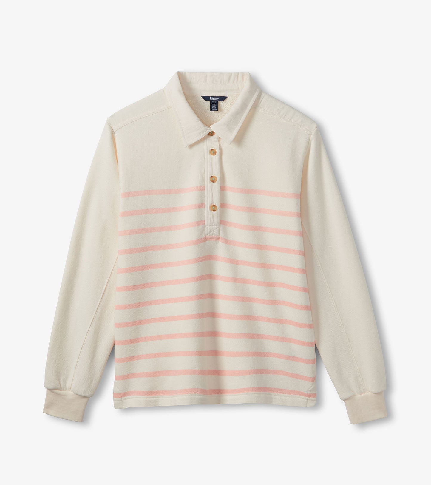 Cream long-sleeve polo top with pink horizontal stripes and button placket, front view