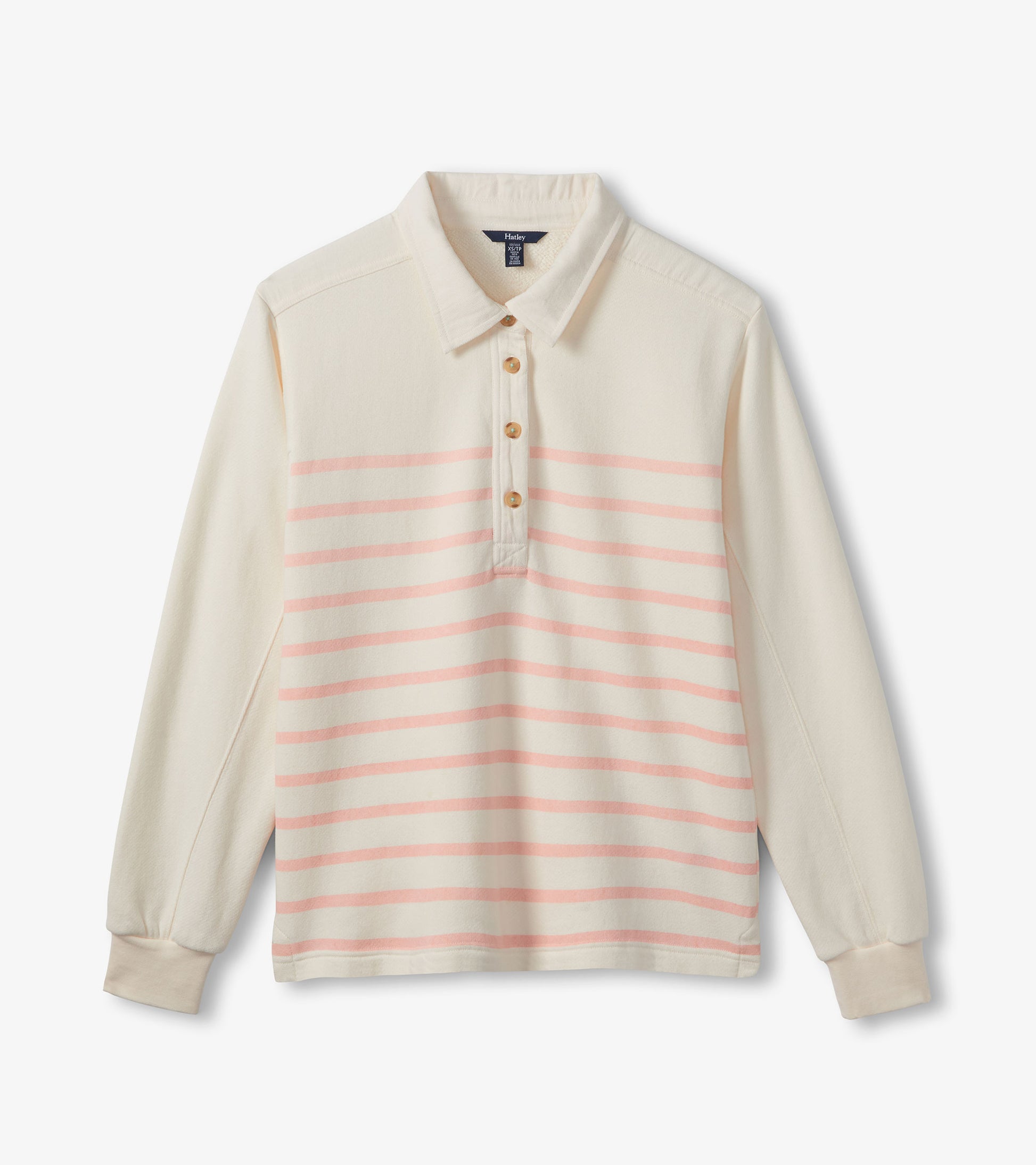 Cream long-sleeve polo top with pink horizontal stripes and button placket, front view