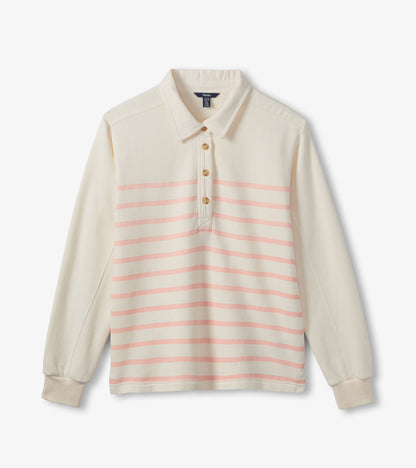 Cream long-sleeve polo top with pink horizontal stripes and button placket, front view