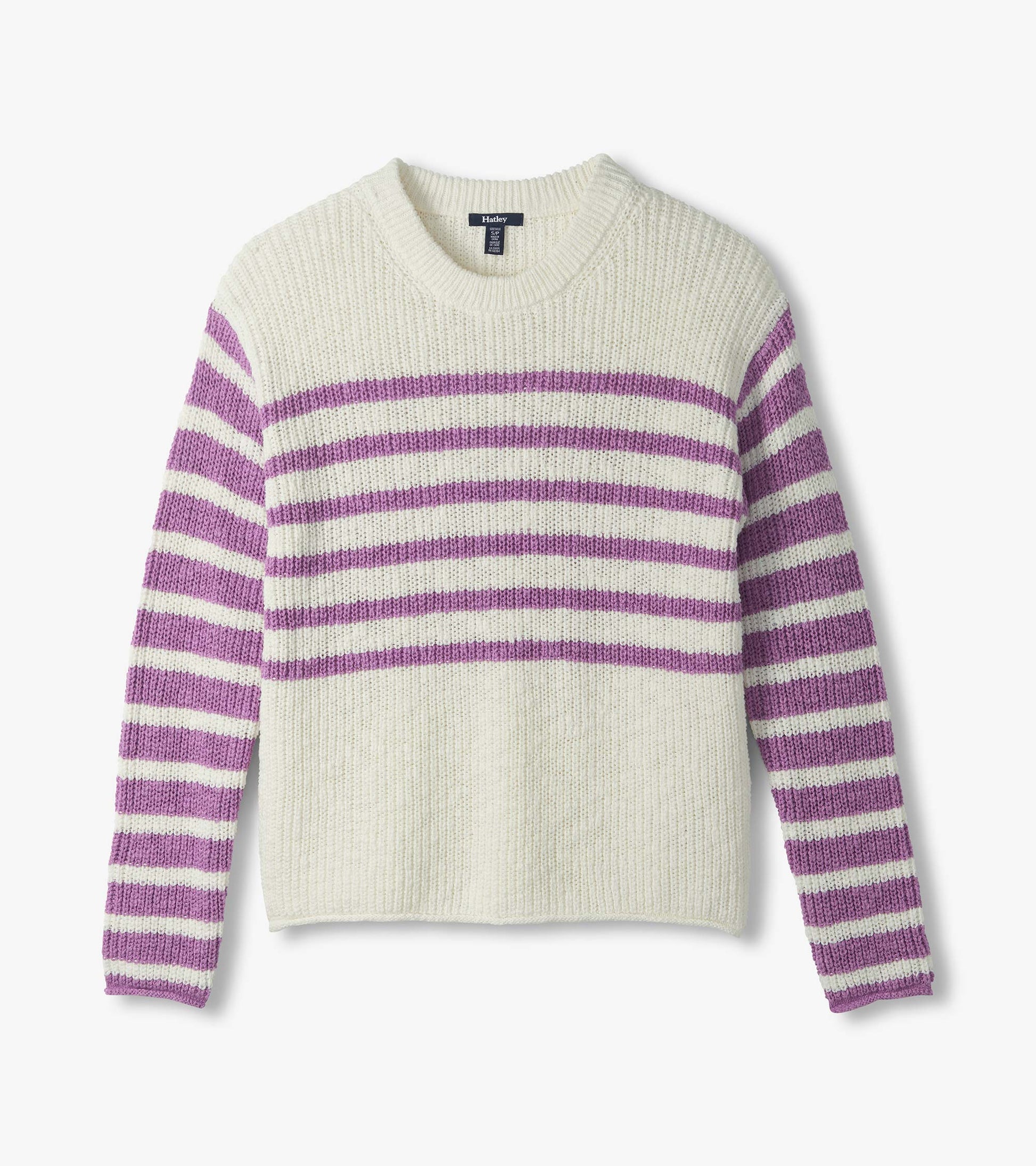 Ivory crewneck sweater with lavender horizontal stripes across the chest and sleeves