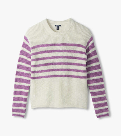 Ivory crewneck sweater with lavender horizontal stripes across the chest and sleeves