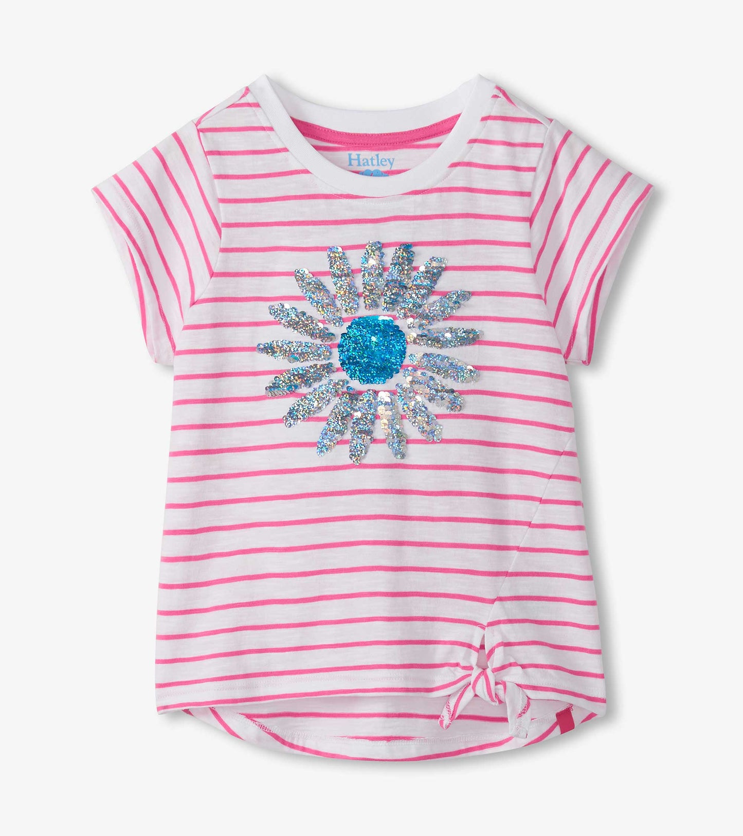 White girls' short-sleeve T-shirt with pink stripes, sequin flower graphic, and front tie hem
