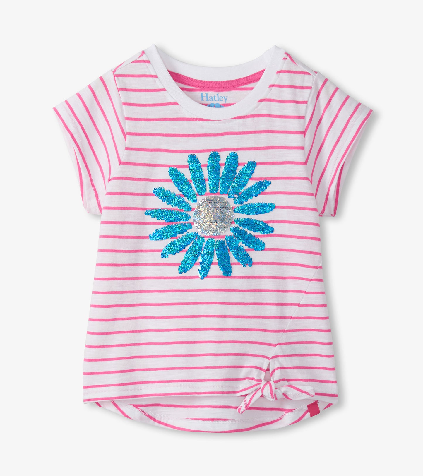 White girls' striped T-shirt with pink stripes, blue sequin flower graphic, and front tie hem