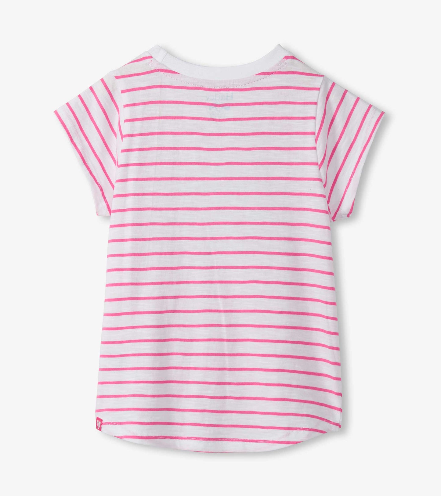 White girls T-shirt with pink horizontal stripes, short sleeves, and a rounded hem, back view