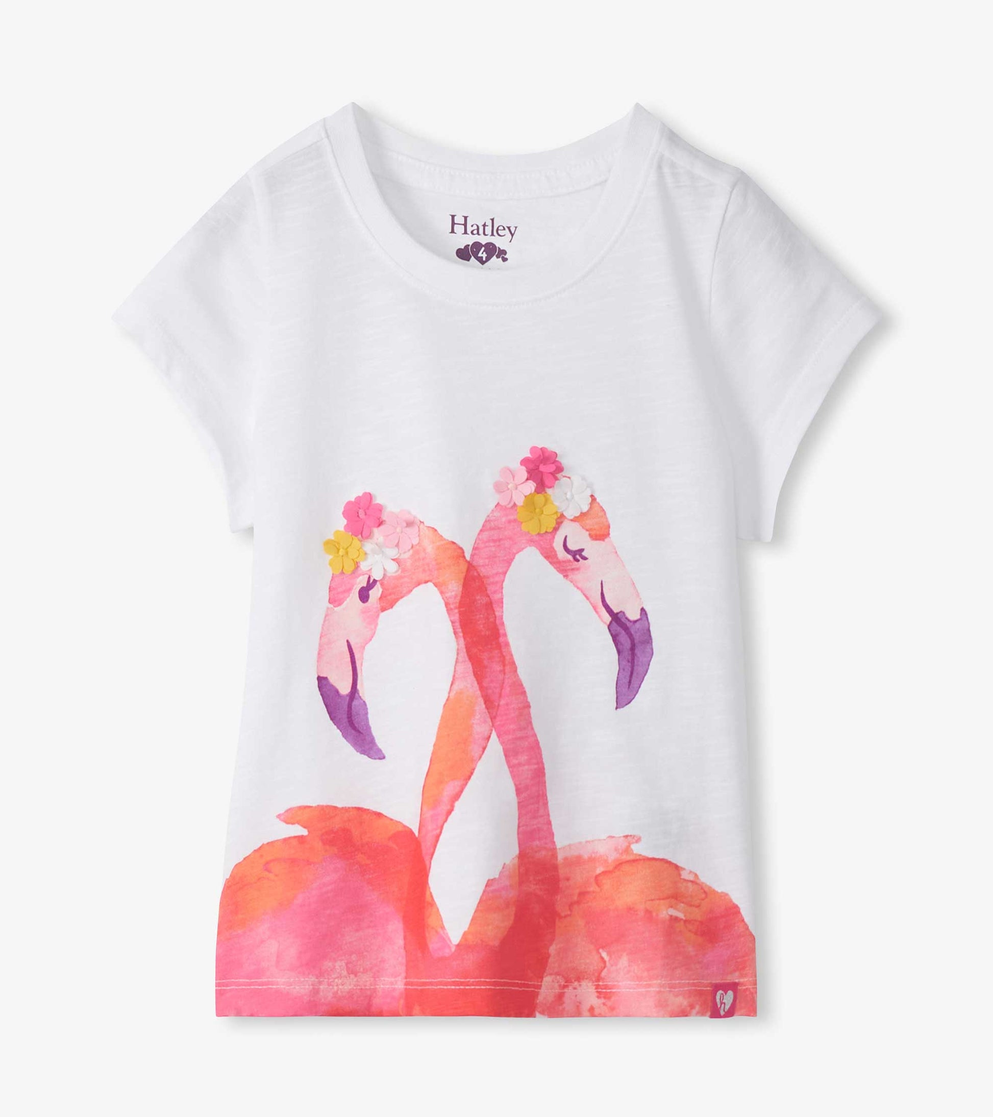 White girls T-shirt with pink flamingo graphic and floral accents, front view