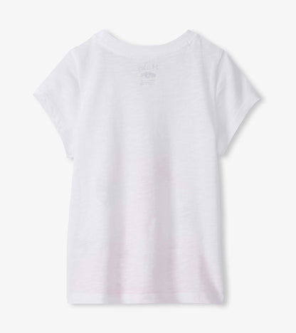 White girls short-sleeve graphic tee with flamingo print, front view