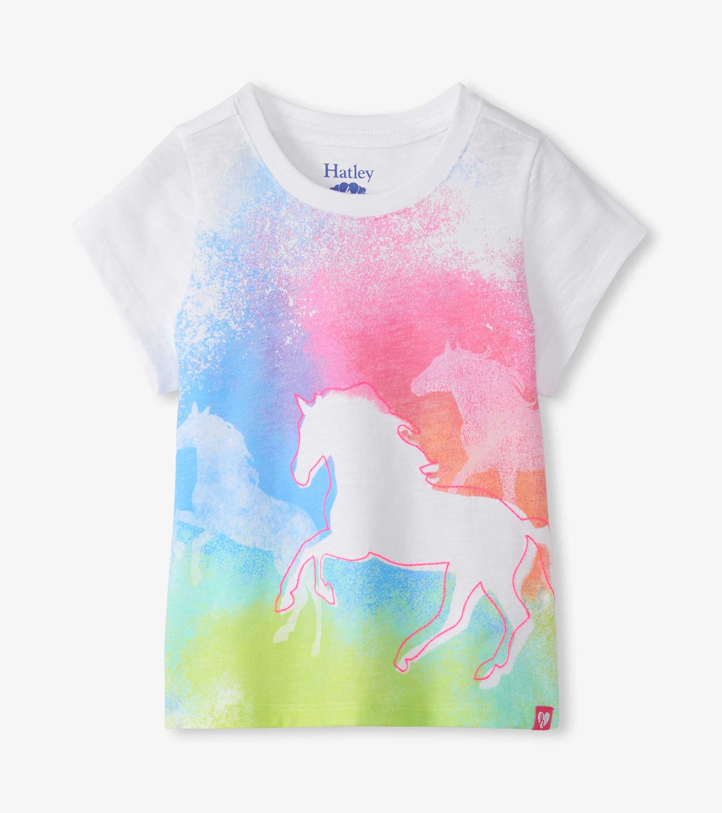 White girls' short-sleeve tee with colorful horse graphic print on the front