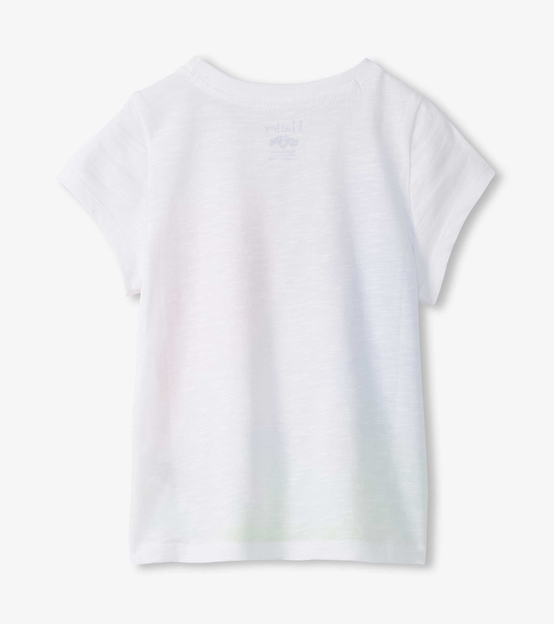 White short-sleeve girls T-shirt with a faint horse graphic on the back, shown flat from the back.