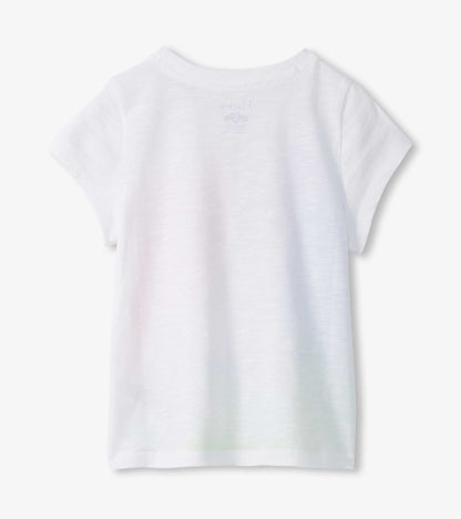 White short-sleeve girls T-shirt with a faint horse graphic on the back, shown flat from the back.