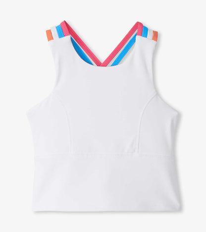 White girls active tank with pink, blue, orange and white crisscross straps at the back