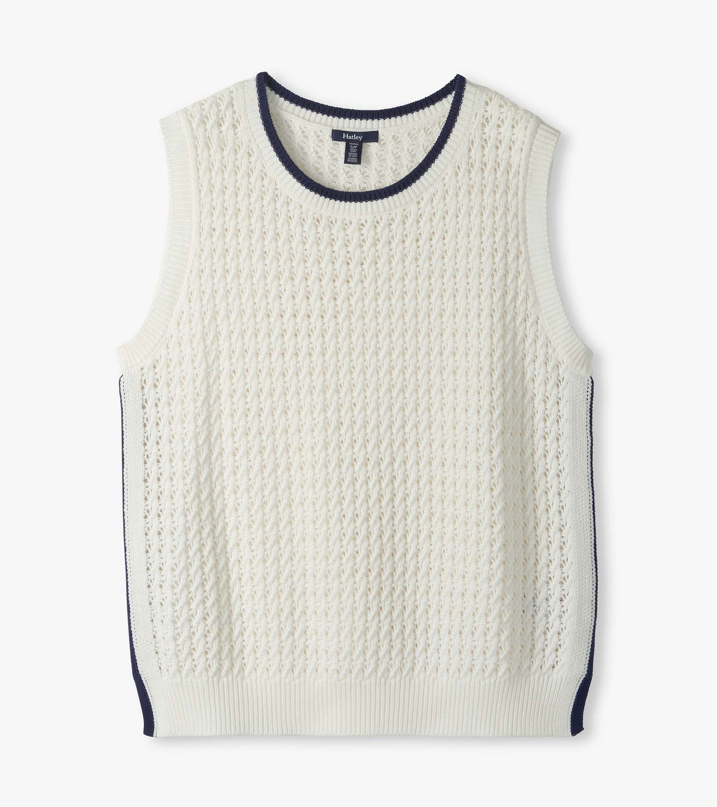 White sleeveless knit tank top with openwork texture and navy trim at the neckline and sides, front view