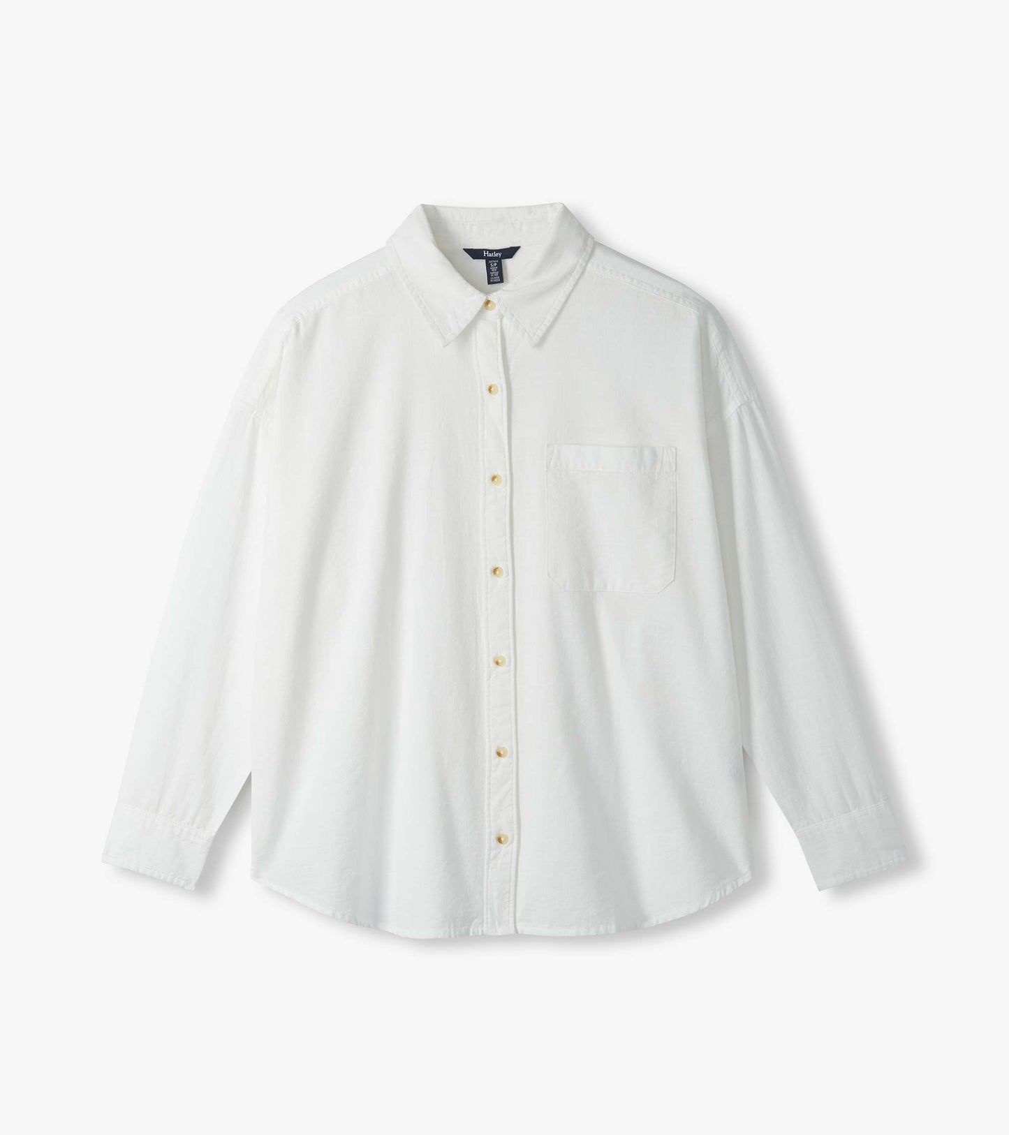 White button-down shirt laid flat with pointed collar, chest pocket and full button front