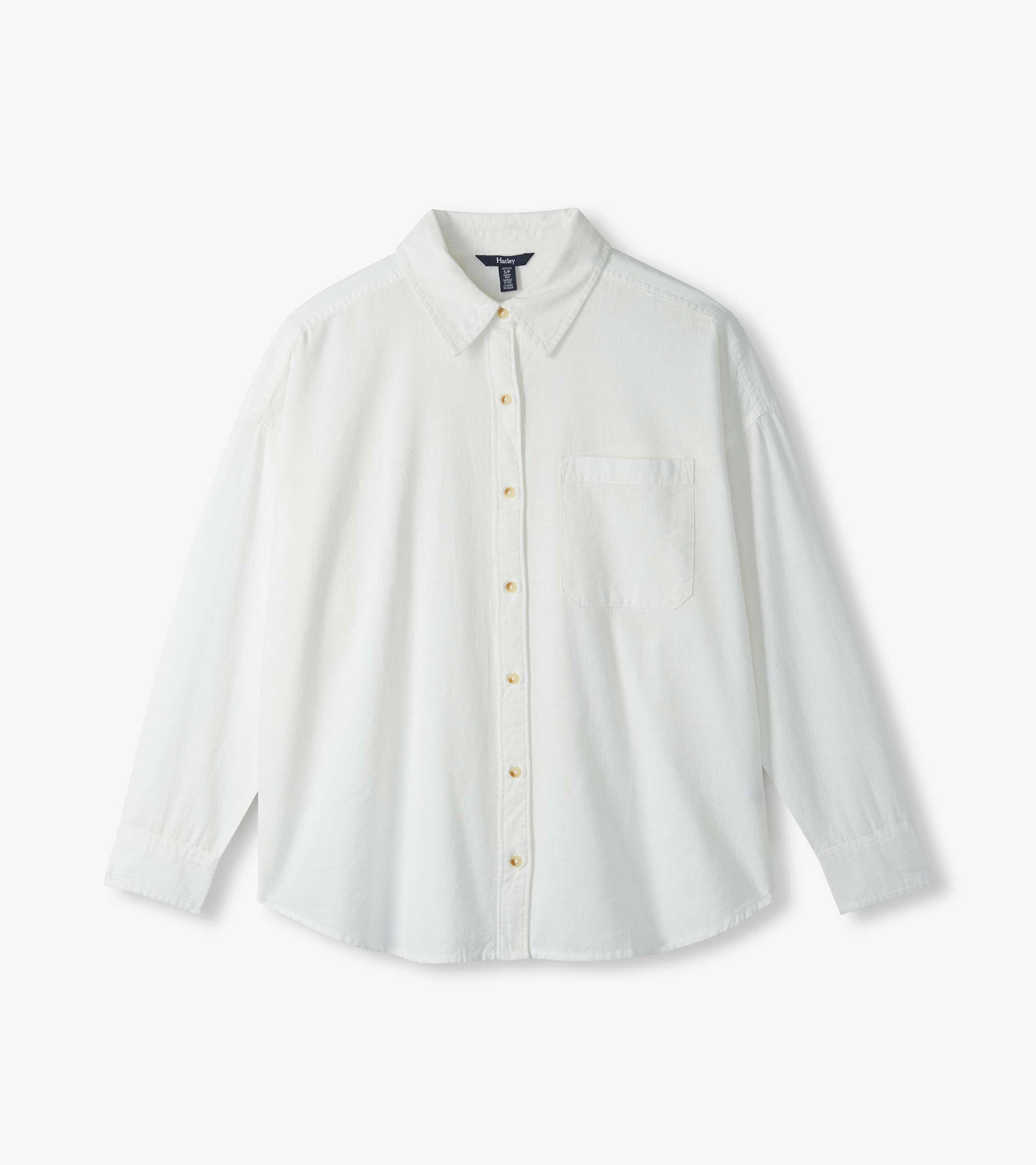 White button-down shirt laid flat with pointed collar, chest pocket and full button front