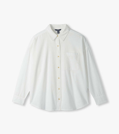 White button-down shirt laid flat with pointed collar, chest pocket and full button front
