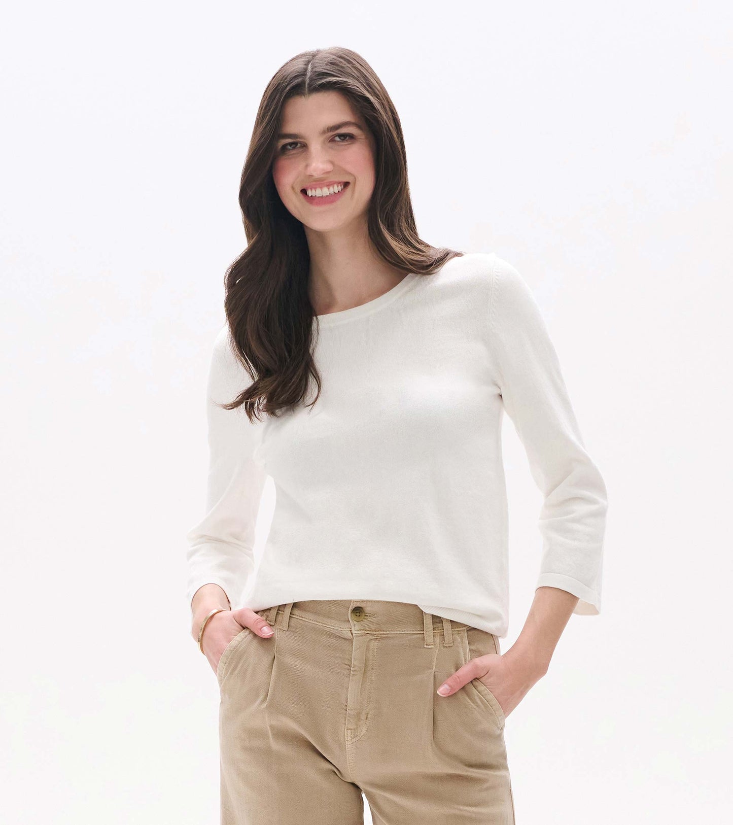 White knit top with 3/4 sleeves and a crew neckline, shown on a model front view.