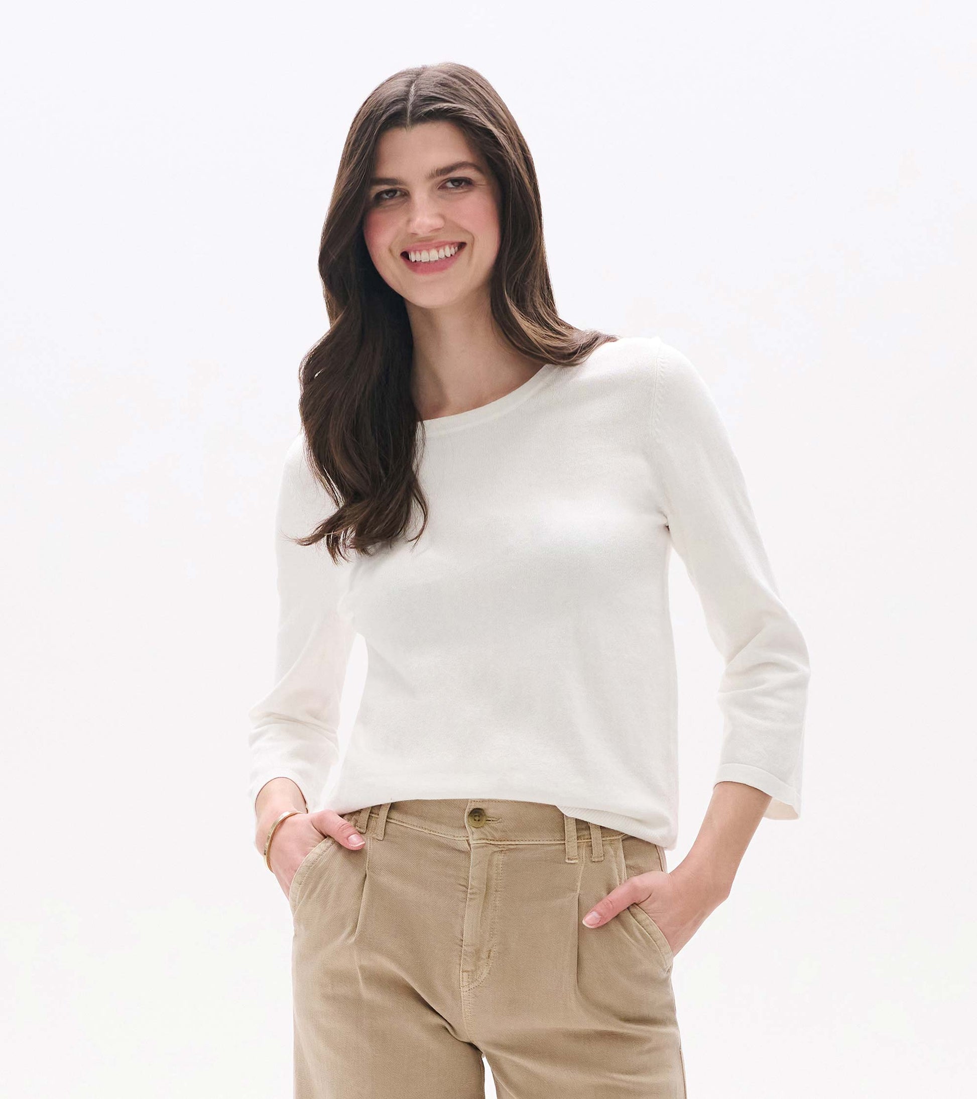 White knit top with 3/4 sleeves and a crew neckline, shown on a model front view.