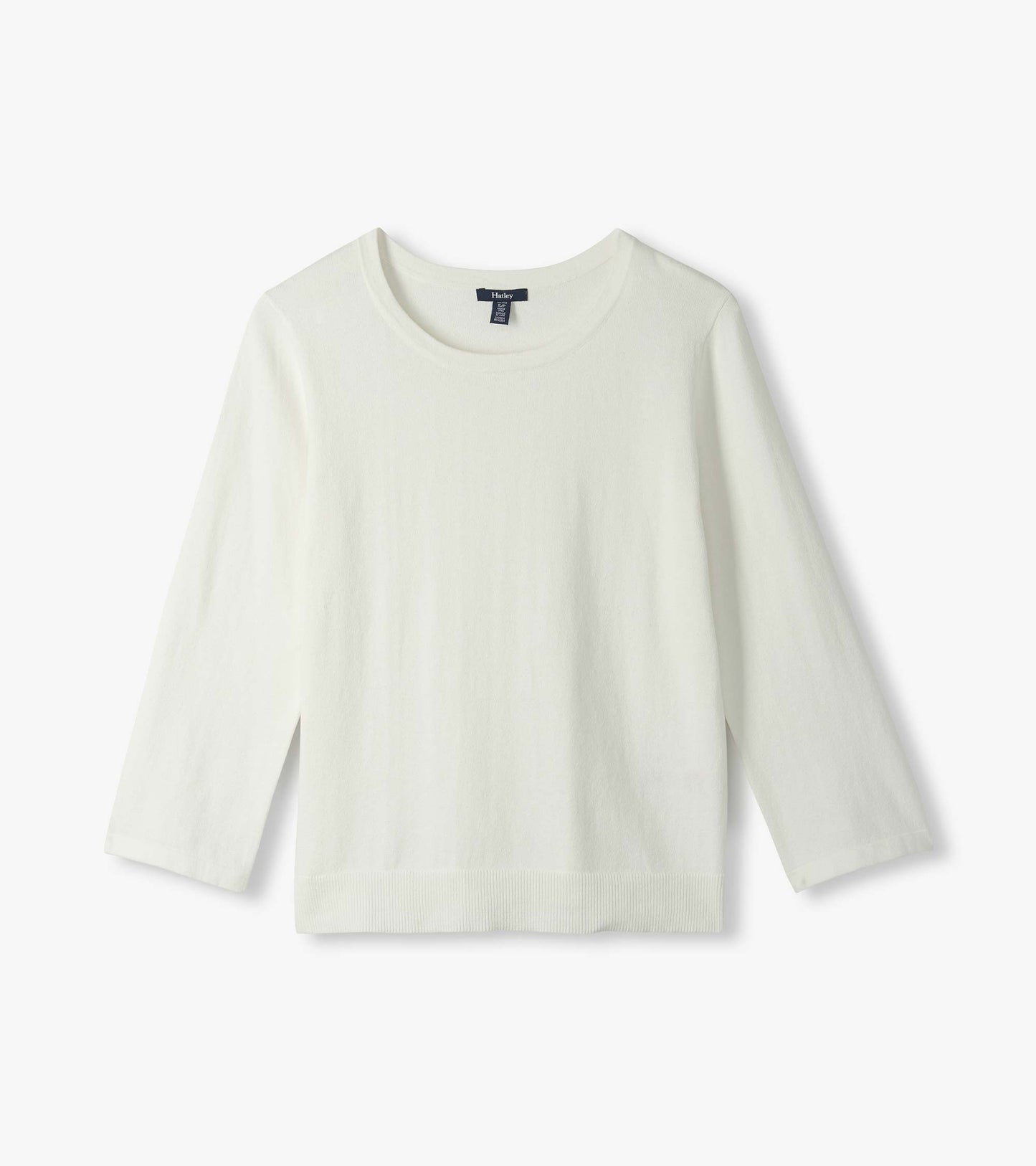 White knit top with 3/4 sleeves, crew neckline, and ribbed hem, shown front view.